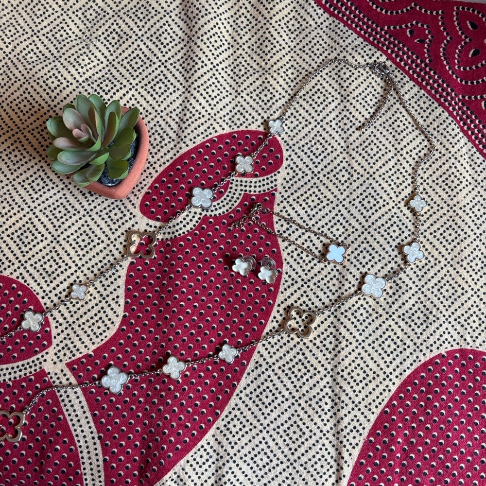 Elegant Four Leaf Gold Clover Necklace, Bracelet & Earrings Set w/ White Accents